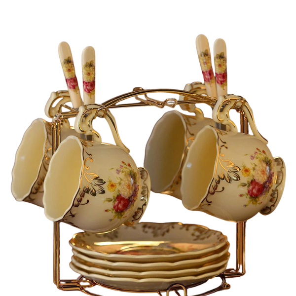 Floral Porcelain Cup Set with Golden Stand