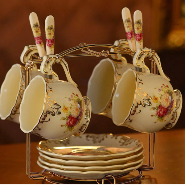 Floral Porcelain Cup Set with Golden Stand