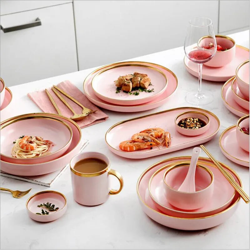 Pink Porcelain Tableware with Gold Rim