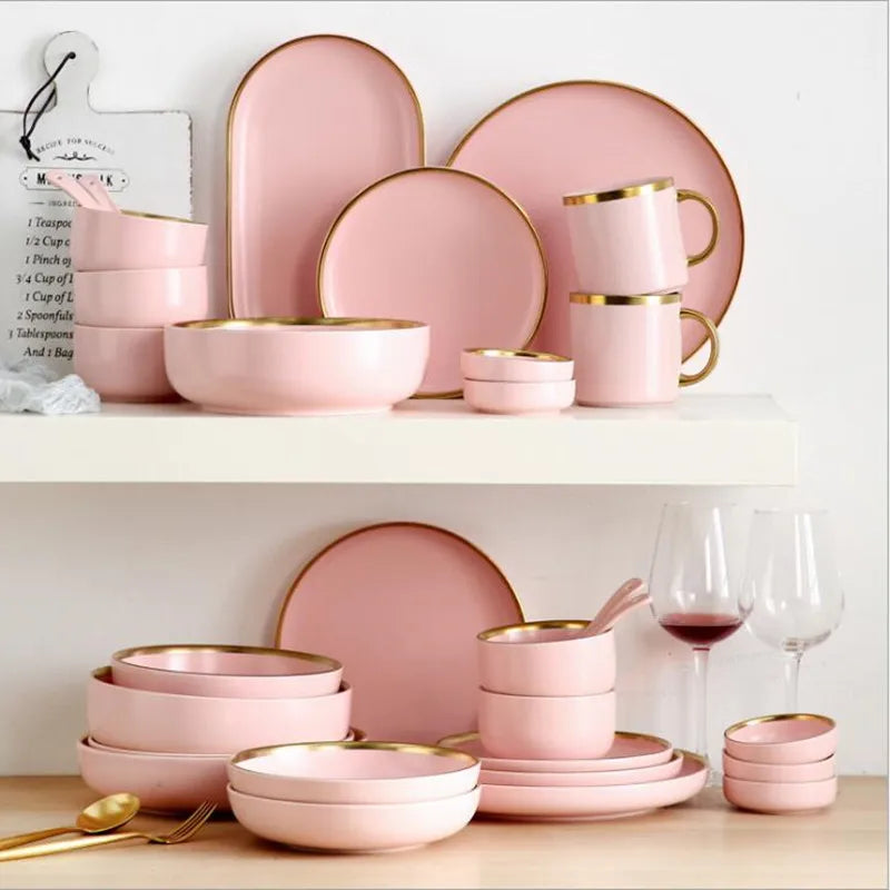 Pink Porcelain Tableware with Gold Rim