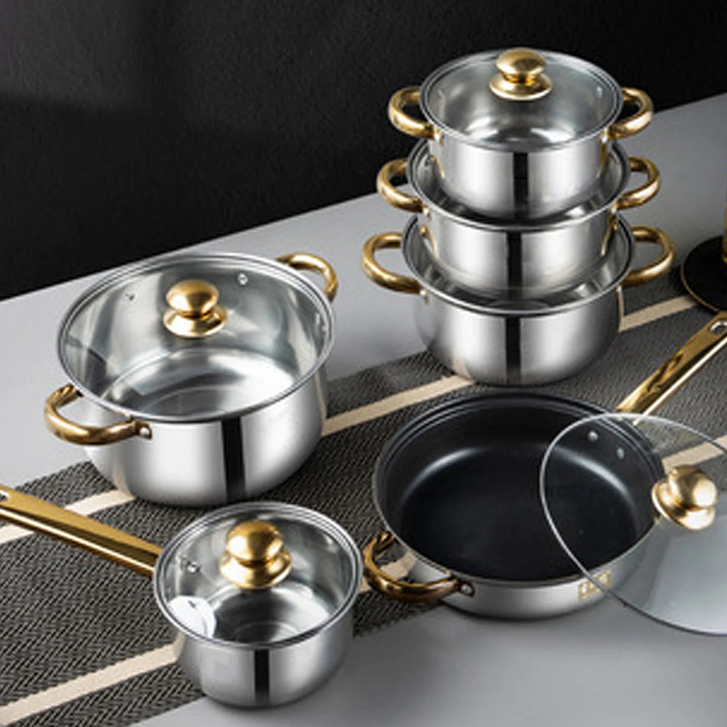 Stainless Steel Cookware Set with Gold Handles