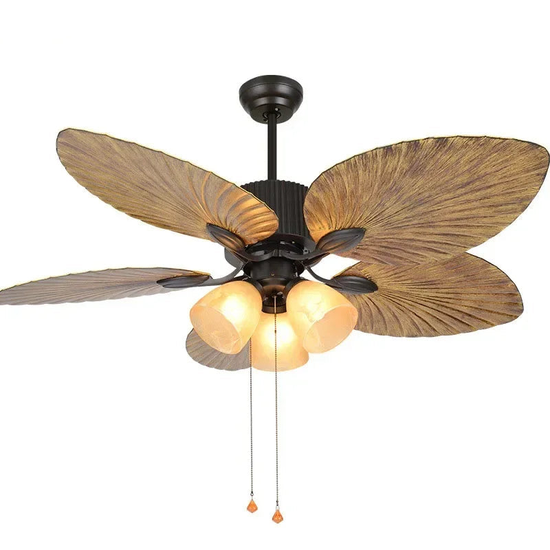 Ceiling Fan featuring Glass Light Fixtures and Leaf-Style Blades