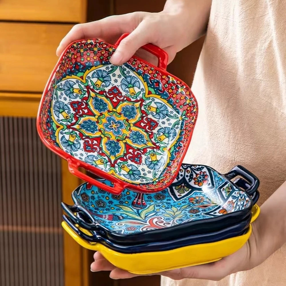 Colorful Ceramic Serving Dishes with Handles