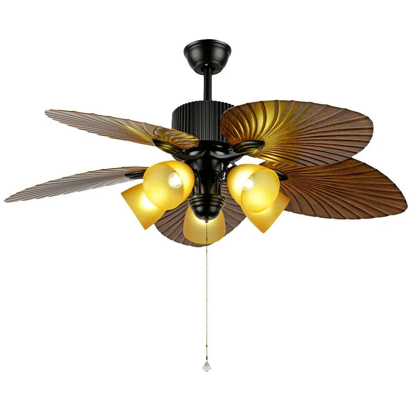 Retro Ceiling Fan with Wooden Blades and Integrated Light