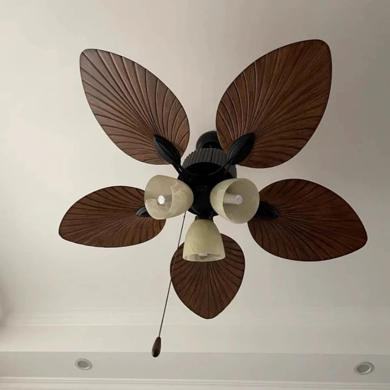 Retro Ceiling Fan with Wooden Blades and Integrated Light