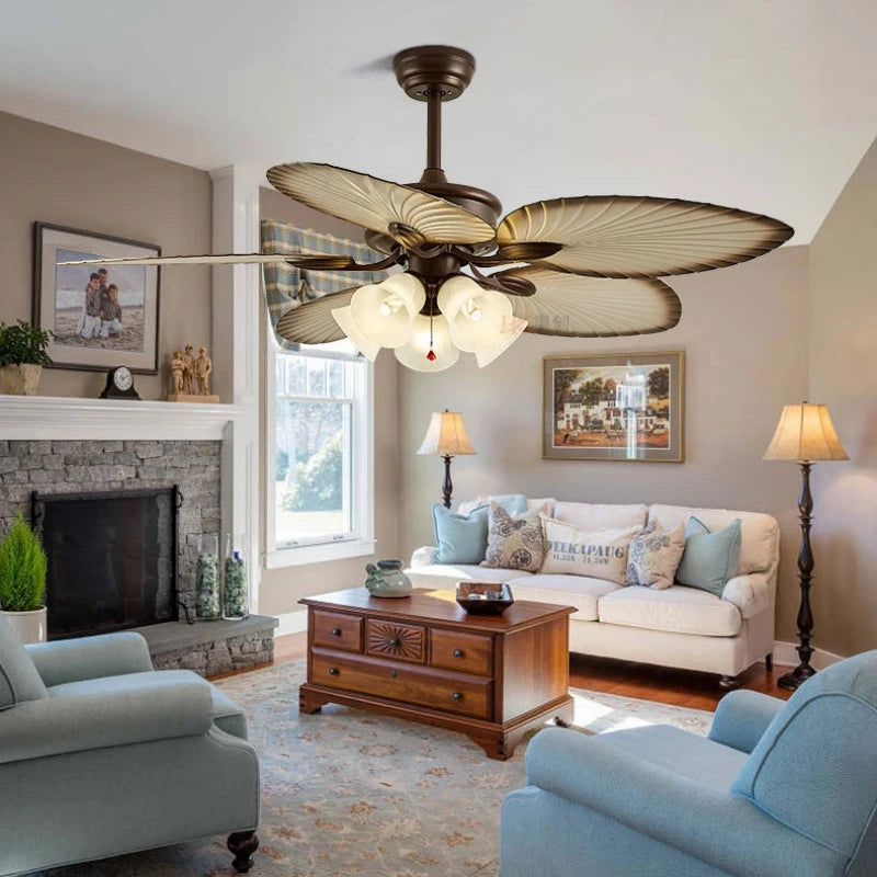 Retro Ceiling Fan with Wooden Blades and Integrated Light