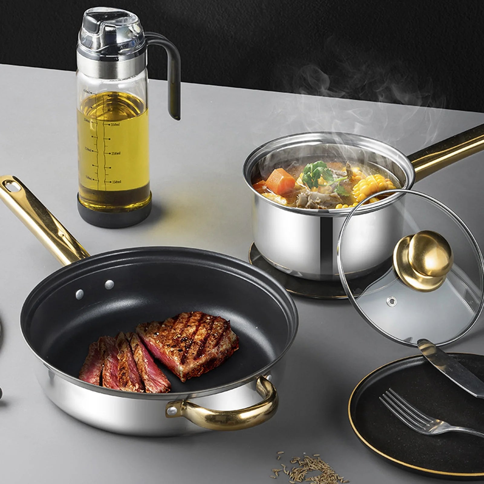 Stainless Steel Cookware Set with Gold Handles